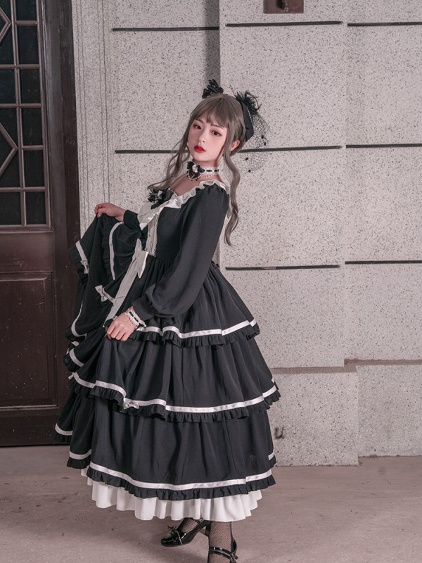 Timeless Black Tiered Dress with Sheer Lace & Ruffle Sleeves